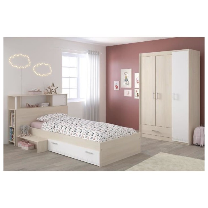 PARISOT Chambre enfant complete - Tete de lit + lit + armoire - Style contemporain - Décor acacia clair et blanc - CHARLEMAGNE PARISOT Chambre enfant complete - Tete de lit + lit + armoire - Style contemporain - Décor acacia clair et blanc - CHARLEMAGNE