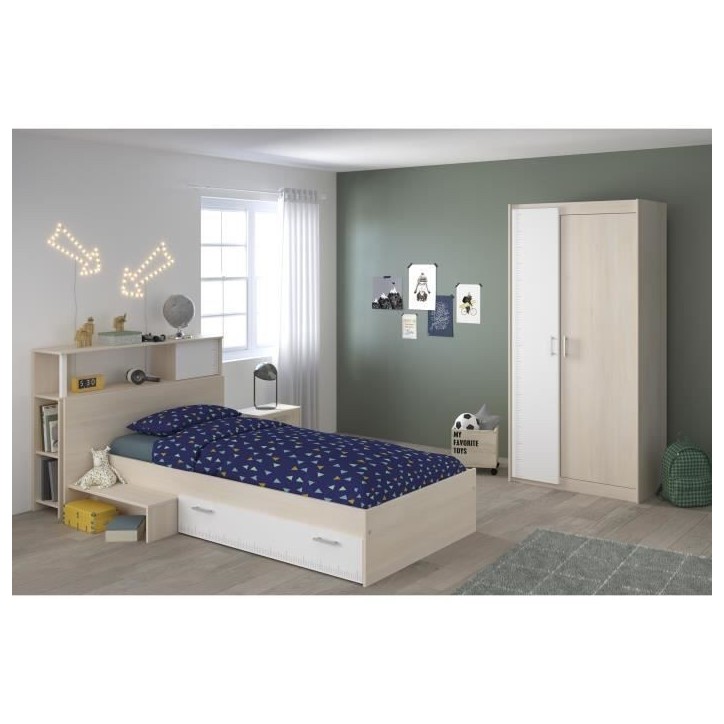 PARISOT Chambre enfant complete - Tete de lit + lit + armoire - Style contemporain - Décor acacia clair et blanc - CHARLEMAGNE PARISOT Chambre enfant complete - Tete de lit + lit + armoire - Style contemporain - Décor acacia clair et blanc - CHARLEMAGNE