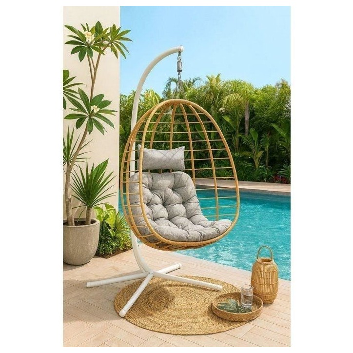 Fauteuil oeuf suspendu - PALAVA - Structure en acier - Tissage en rotin synthétique - D95 x L98 x H200 cm Fauteuil oeuf suspendu - PALAVA - Structure en acier - Tissage en rotin synthétique - D95 x L98 x H200 cm