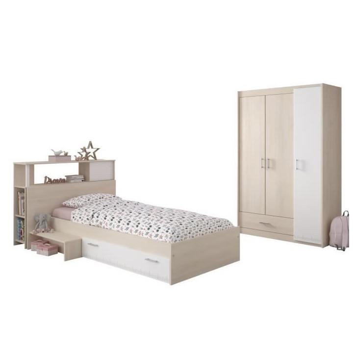 PARISOT Chambre enfant complete - Tete de lit + lit + armoire - Style contemporain - Décor acacia clair et blanc - CHARLEMAGNE PARISOT Chambre enfant complete - Tete de lit + lit + armoire - Style contemporain - Décor acacia clair et blanc - CHARLEMAGNE