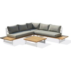 Salon de jardin - Blanc - Aluminium et plateau imitation bois - 5 plac