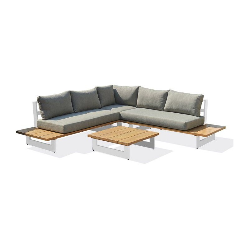 Salon de jardin - Blanc - Aluminium et plateau imitation bois - 5 plac