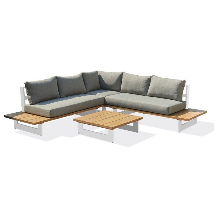 Salon de jardin - Blanc - Aluminium et plateau imitation bois - 5 places - Lavezzi