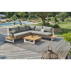 Salon de jardin - Blanc - Aluminium et plateau imitation bois - 5 places - Lavezzi