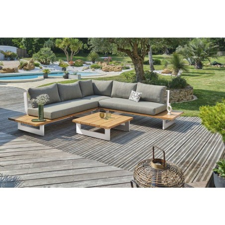 Salon de jardin - Blanc - Aluminium et plateau imitation bois - 5 places - Lavezzi