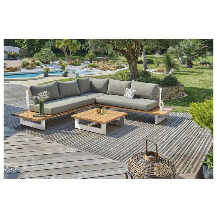 Salon de jardin - Blanc - Aluminium et plateau imitation bois - 5 places - Lavezzi