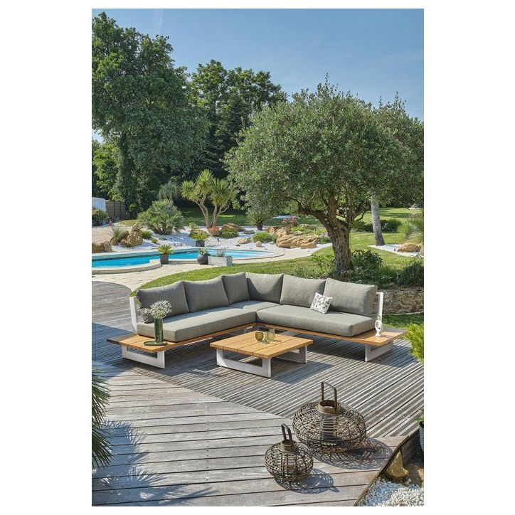 Salon de jardin - Blanc - Aluminium et plateau imitation bois - 5 places - Lavezzi