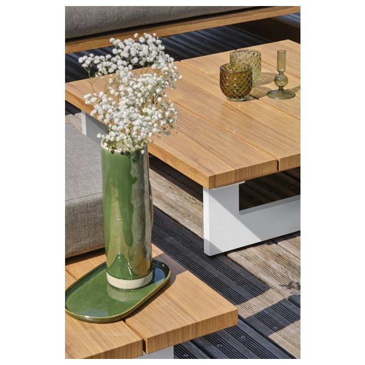 Salon de jardin - Blanc - Aluminium et plateau imitation bois - 5 places - Lavezzi