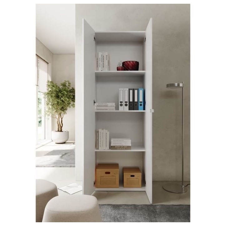 Armoire de rangement - 2 portes - 3 étageres - Blanc laqué - L63 x P35 x H184 cm - PARIGI
