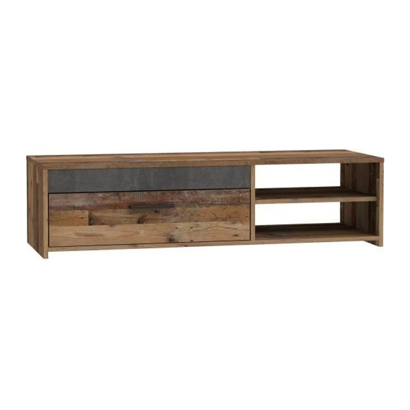 PACO Meuble TV 1 tiroir 2 niches - Décor vieux bois et béton gris fo