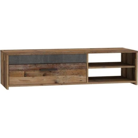 PACO Meuble TV 1 tiroir 2 niches - Décor vieux bois et béton gris fo