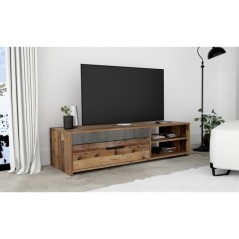 PACO Meuble TV 1 tiroir 2 niches - Décor vieux bois et béton gris fo