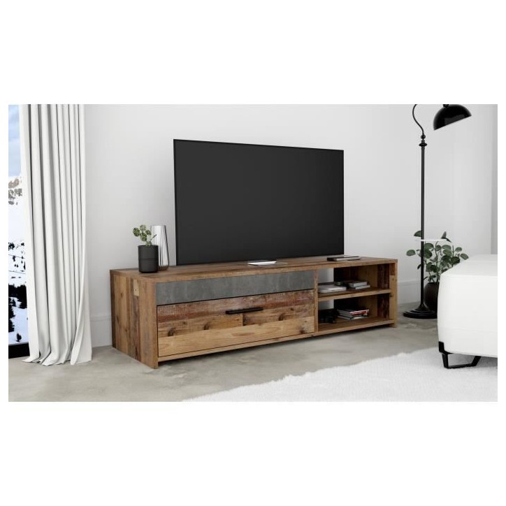 PACO Meuble TV 1 tiroir 2 niches - Décor vieux bois et béton gris foncé - L 120 x P 42,1 x H 31,8 cm PACO Meuble TV 1 tiroir 2 niches - Décor vieux bois et béton gris foncé - L 120 x P 42,1 x H 31,8 cm
