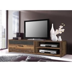 PACO Meuble TV 1 tiroir 2 niches - Décor vieux bois et béton gris fo