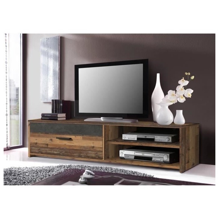 PACO Meuble TV 1 tiroir 2 niches - Décor vieux bois et béton gris foncé - L 120 x P 42,1 x H 31,8 cm PACO Meuble TV 1 tiroir 2 niches - Décor vieux bois et béton gris foncé - L 120 x P 42,1 x H 31,8 cm
