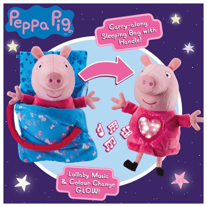 Peluche sleepover avec lumiere et berceuse - BANDAI - Peppa Pig - Jouet doux et câlin avec sac de couchage