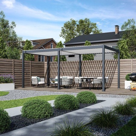 Pergola bioclimatique - 3 x 6 m - 18 m² - Structure aluminium anthracite et lames toiture acier blanches