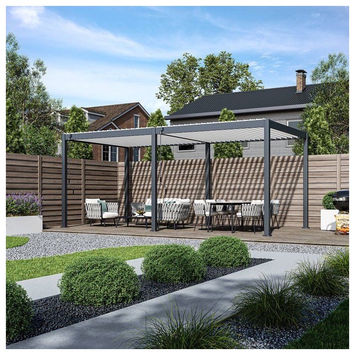 Pergola bioclimatique - 3 x 6 m - 18 m² - Structure aluminium anthracite et lames toiture acier blanches