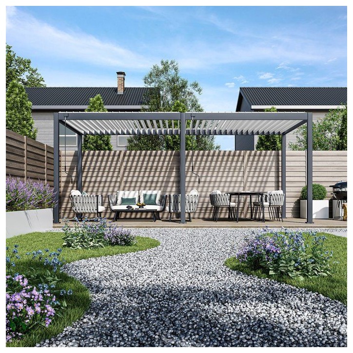Pergola bioclimatique - 3 x 6 m - 18 m² - Structure aluminium anthracite et lames toiture acier blanches
