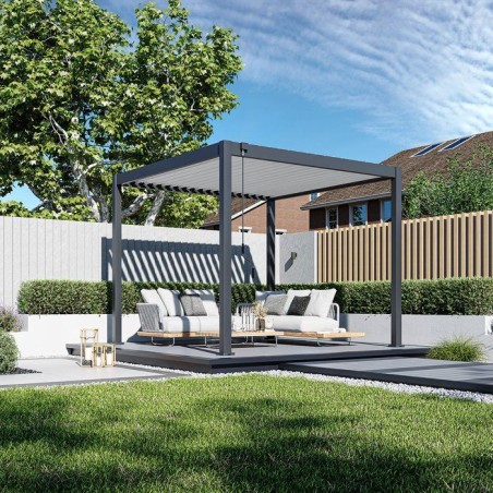 Pergola bioclimatique - 3 x 3 m - 9 m² - Structure aluminium anthracite et lames toiture acier blanches