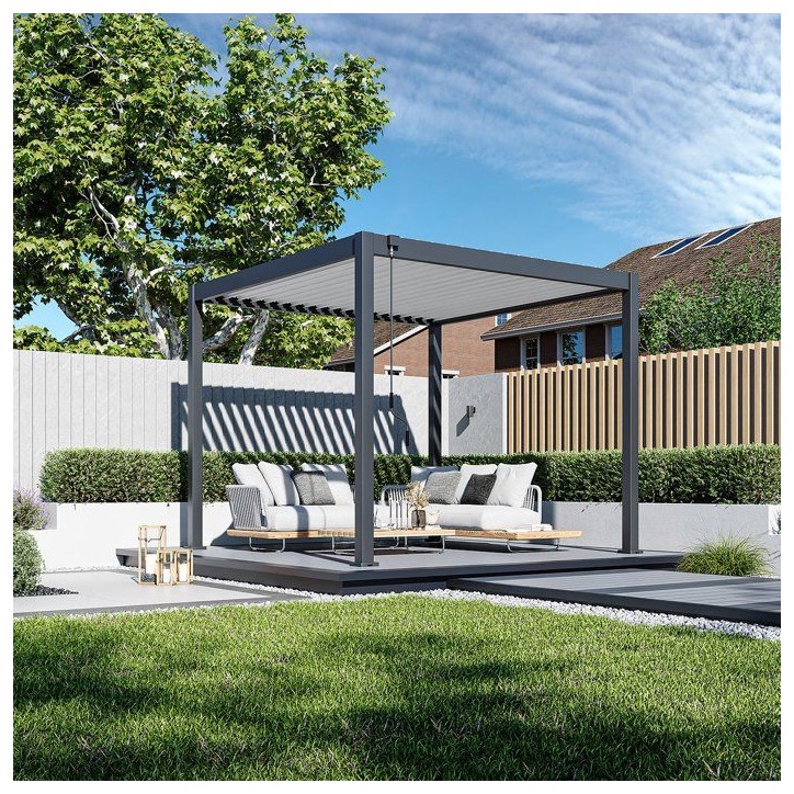 Pergola bioclimatique - 3 x 3 m - 9 m² - Structure aluminium anthracite et lames toiture acier blanches Pergola bioclimatique - 3 x 3 m - 9 m² - Structure aluminium anthracite et lames toiture acier blanches