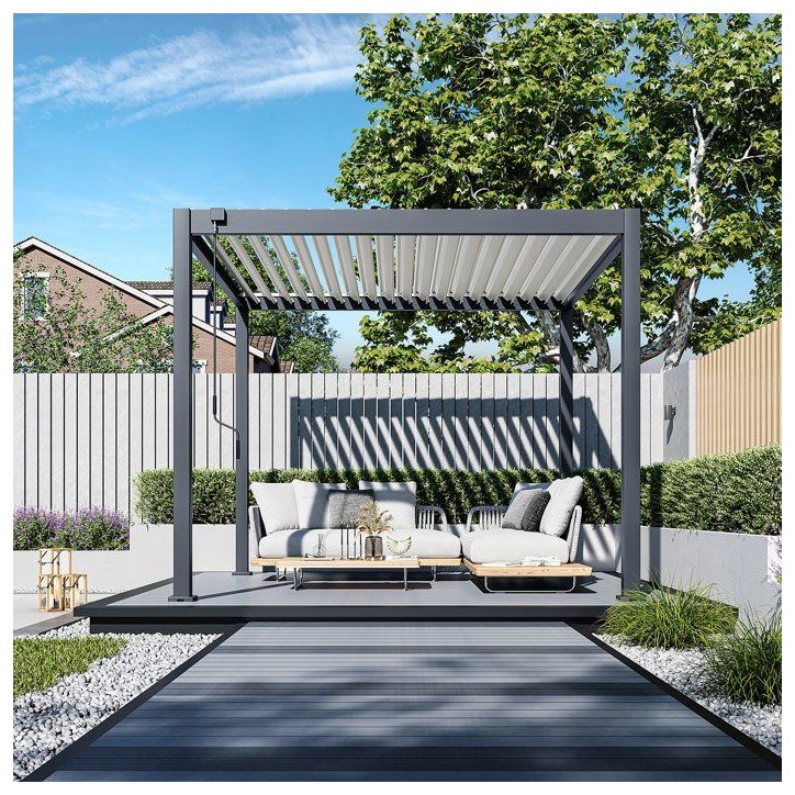 Pergola bioclimatique - 3 x 3 m - 9 m² - Structure aluminium anthracite et lames toiture acier blanches Pergola bioclimatique - 3 x 3 m - 9 m² - Structure aluminium anthracite et lames toiture acier blanches