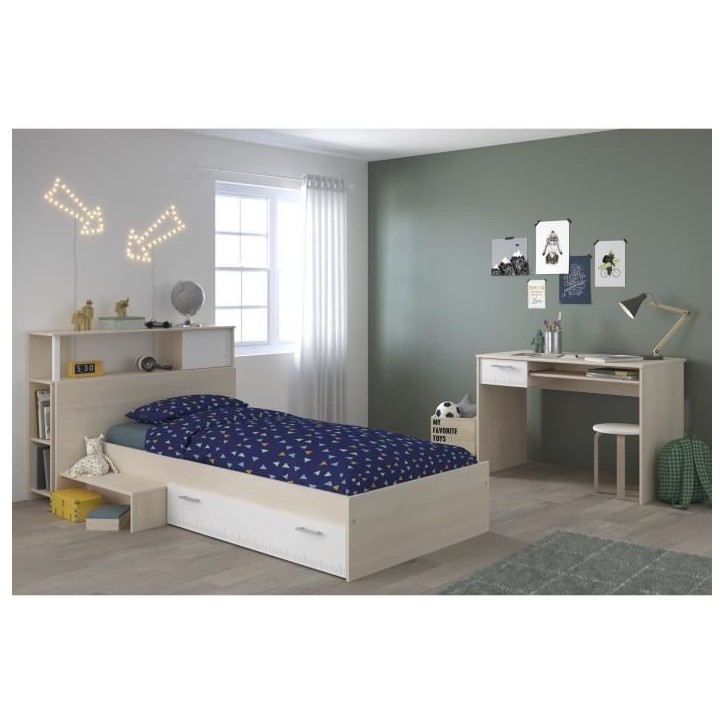 PARISOT Chambre enfant complete Tete de lit + lit + bureau - Style contemporain - Décor acacia clair et blanc - CHARLEMAGNE