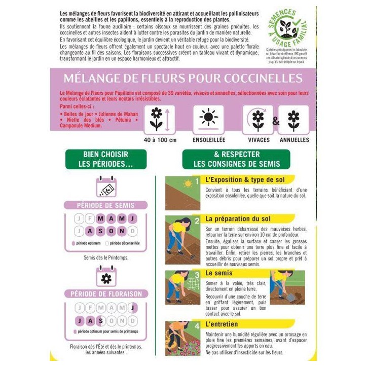 Mélange de fleurs pour coccinelles - BHS - 230 g - 15 variétés annuelles et 7 vivaces Mélange de fleurs pour coccinelles - BHS - 230 g - 15 variétés annuelles et 7 vivaces