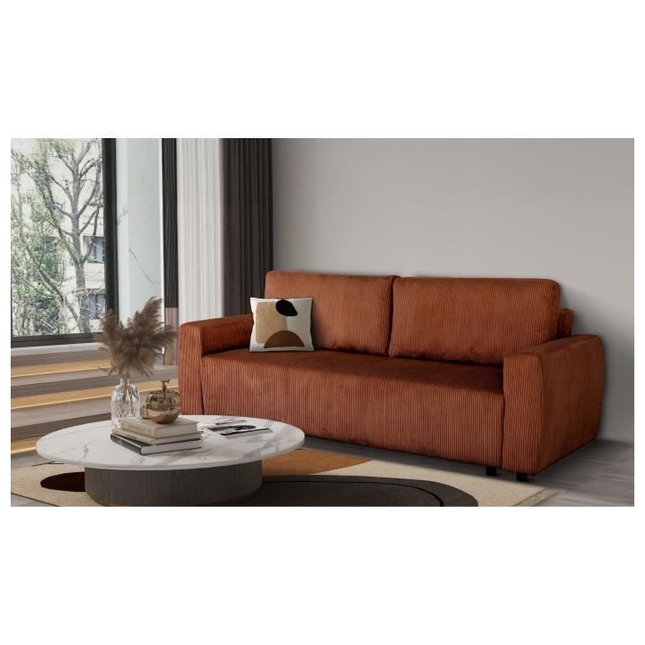 Canapé convertible - 3 places - PHARELL - Tissu Velours côtelé Terracotta - Coffre - 231 x 84 x 91 cm Canapé convertible - 3 places - PHARELL - Tissu Velours côtelé Terracotta - Coffre - 231 x 84 x 91 cm