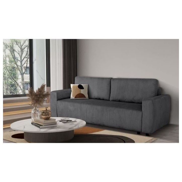 Canapé convertible - 3 places - PHARELL - Tissu Velours côtelé Anthracite - Coffre - 231 x 84 x 91 cm Canapé convertible - 3 places - PHARELL - Tissu Velours côtelé Anthracite - Coffre - 231 x 84 x 91 cm
