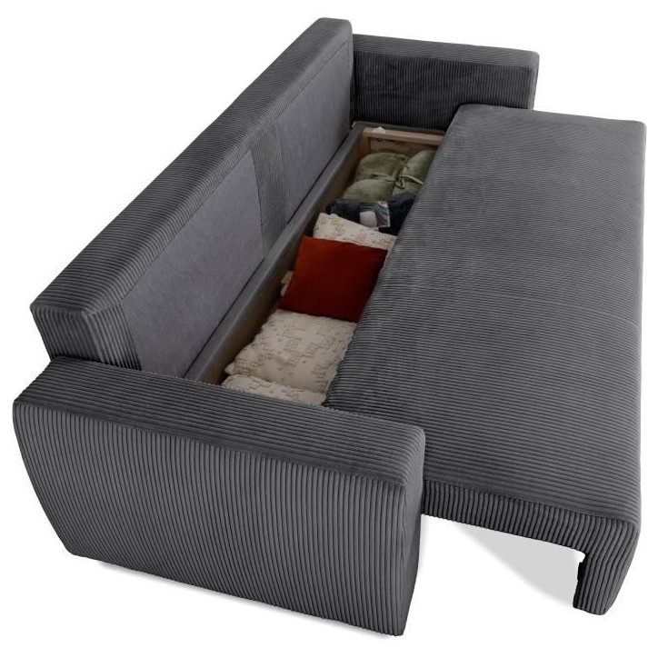 Canapé convertible - 3 places - PHARELL - Tissu Velours côtelé Anthracite - Coffre - 231 x 84 x 91 cm Canapé convertible - 3 places - PHARELL - Tissu Velours côtelé Anthracite - Coffre - 231 x 84 x 91 cm