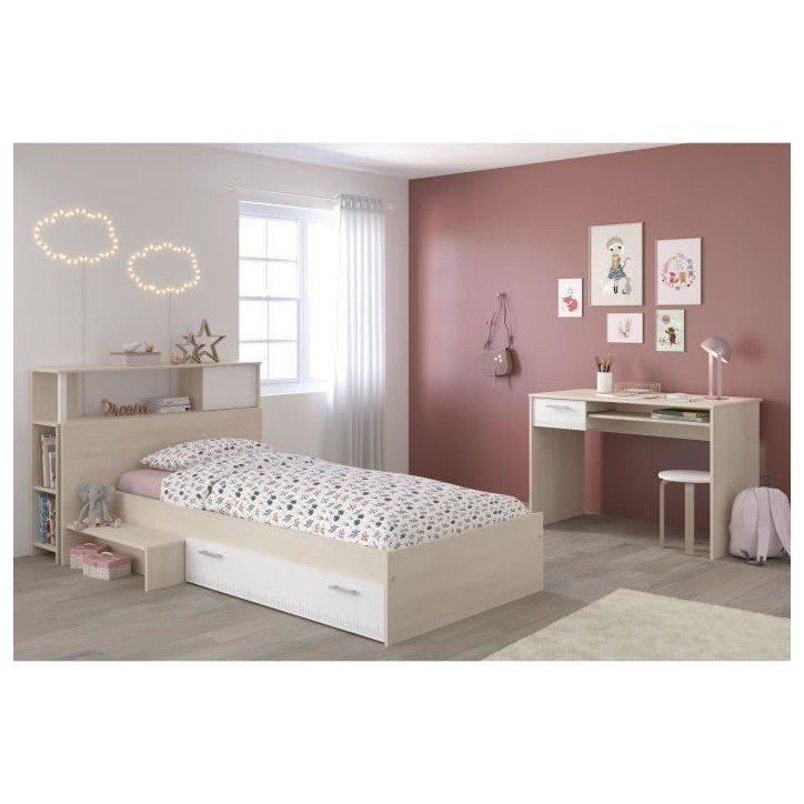 PARISOT Chambre enfant complete Tete de lit + lit + bureau - Style contemporain - Décor acacia clair et blanc - CHARLEMAGNE