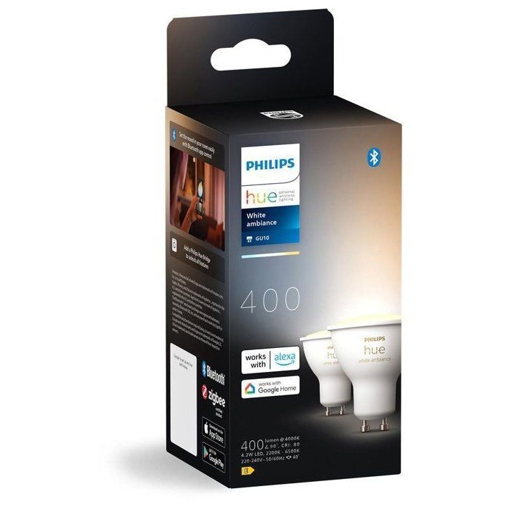 Pack de 2 ampoules LED - PHILIPS HUE - Spot GU10 - Blanc chaud a blanc froid Pack de 2 ampoules LED - PHILIPS HUE - Spot GU10 - Blanc chaud a blanc froid
