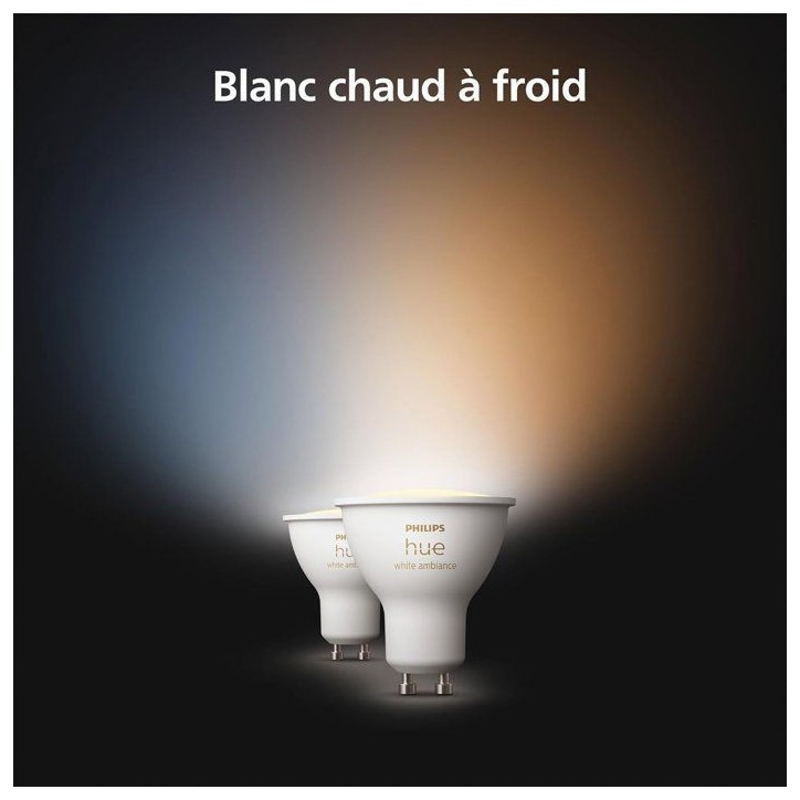 Pack de 2 ampoules LED - PHILIPS HUE - Spot GU10 - Blanc chaud a blanc froid Pack de 2 ampoules LED - PHILIPS HUE - Spot GU10 - Blanc chaud a blanc froid