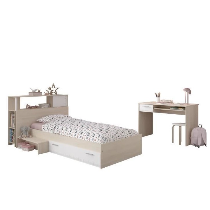 PARISOT Chambre enfant complete Tete de lit + lit + bureau - Style contemporain - Décor acacia clair et blanc - CHARLEMAGNE