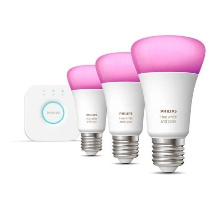 Philips Hue White and Color Ambiance, Kit de démarrage 3 ampoules E27, 75W, Bluetooth, fonctionne avec Alexa, Google et Homekit Philips Hue White and Color Ambiance, Kit de démarrage 3 ampoules E27, 75W, Bluetooth, fonctionne avec Alexa, Google et Homekit