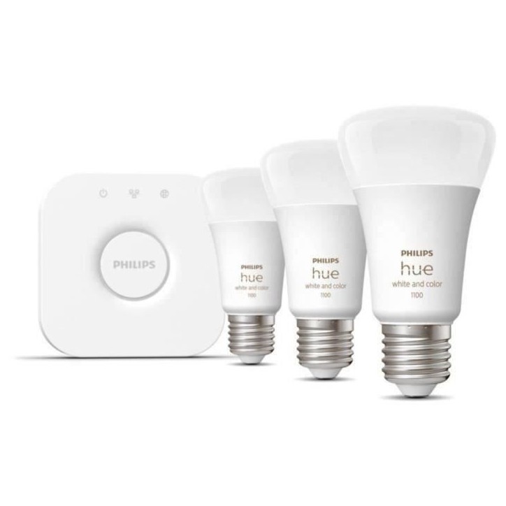 Philips Hue White and Color Ambiance, Kit de démarrage 3 ampoules E27, 75W, Bluetooth, fonctionne avec Alexa, Google et Homekit Philips Hue White and Color Ambiance, Kit de démarrage 3 ampoules E27, 75W, Bluetooth, fonctionne avec Alexa, Google et Homekit