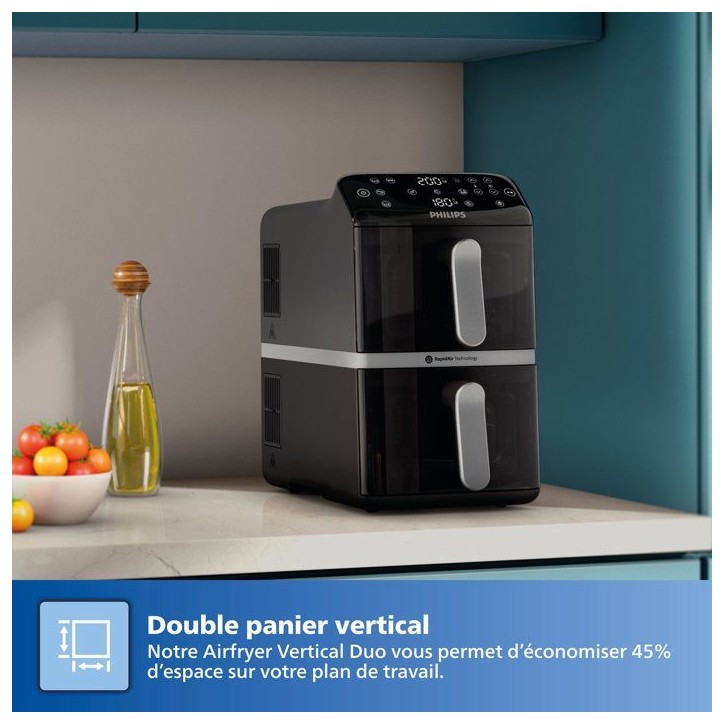 Friteuse sans huile PHILIPS - Airfryer Série 4000 Vertical Duo NA461/00 - Capacité 10 L - Double cuve - 2750W Friteuse sans huile PHILIPS - Airfryer Série 4000 Vertical Duo NA461/00 - Capacité 10 L - Double cuve - 2750W
