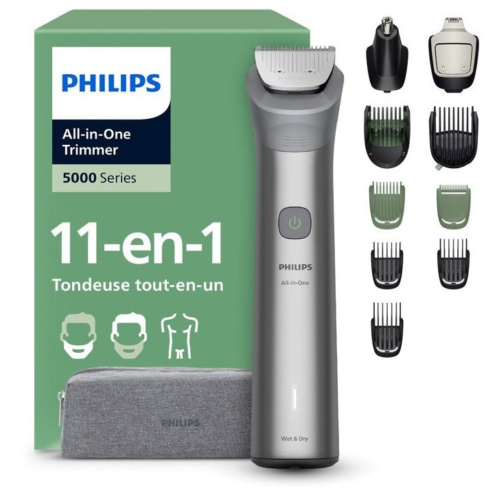 Tondeuse multifonction 11-en-1 étanche - PHILIPS - Series 5000 MG5941/15 - 120 min - Sans fil - Gris clair Tondeuse multifonction 11-en-1 étanche - PHILIPS - Series 5000 MG5941/15 - 120 min - Sans fil - Gris clair