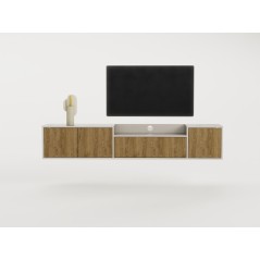 Meuble TV PINELLA – Creme & Chene Foncé – 3 portes battantes, 1 p