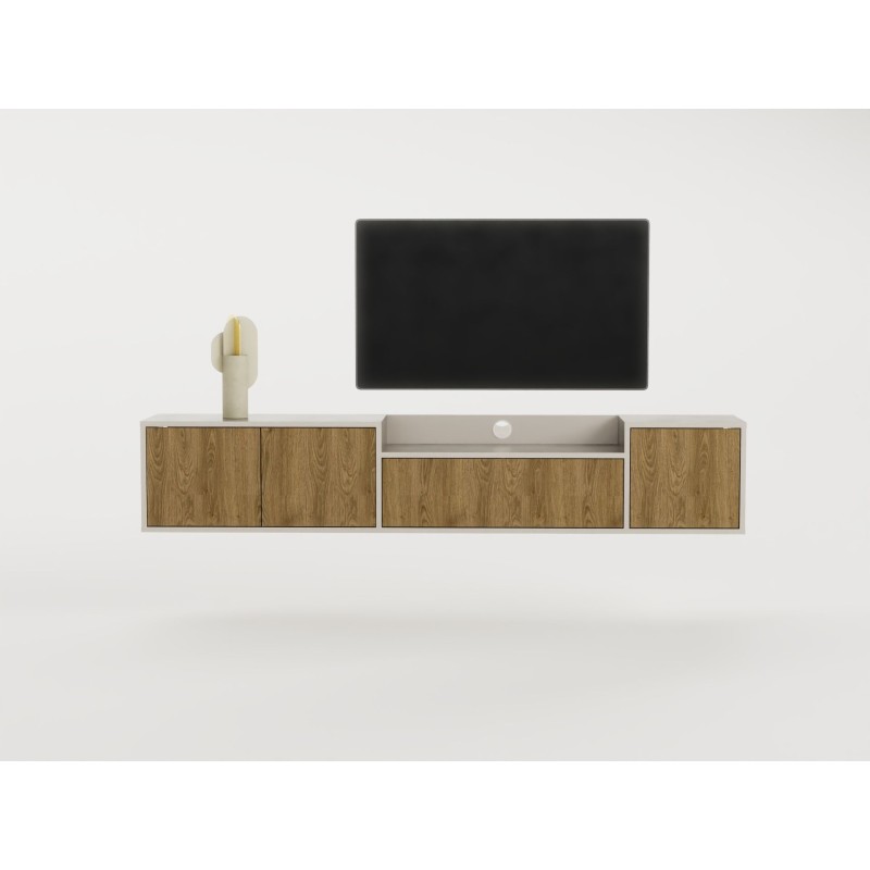Meuble TV PINELLA – Creme & Chene Foncé – 3 portes battantes, 1 p