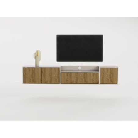 Meuble TV PINELLA – Creme & Chene Foncé – 3 portes battantes, 1 p