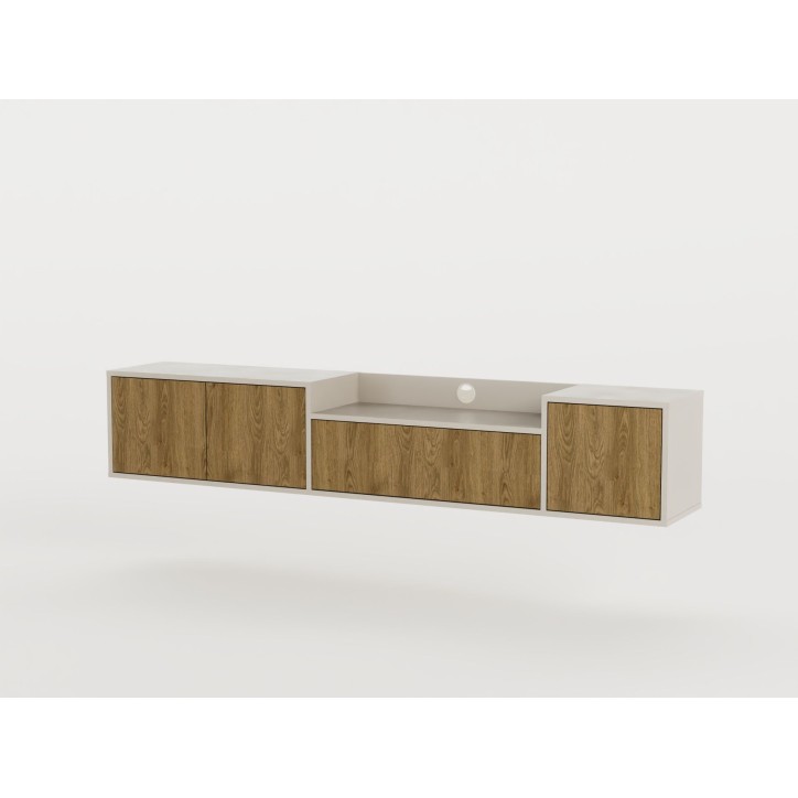 Meuble TV PINELLA – Creme & Chene Foncé – 3 portes battantes, 1 porte abattante – 200 x 35 x 37 cm Meuble TV PINELLA – Creme & Chene Foncé – 3 portes battantes, 1 porte abattante – 200 x 35 x 37 cm
