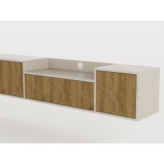 Meuble TV PINELLA – Creme & Chene Foncé – 3 portes battantes, 1 p