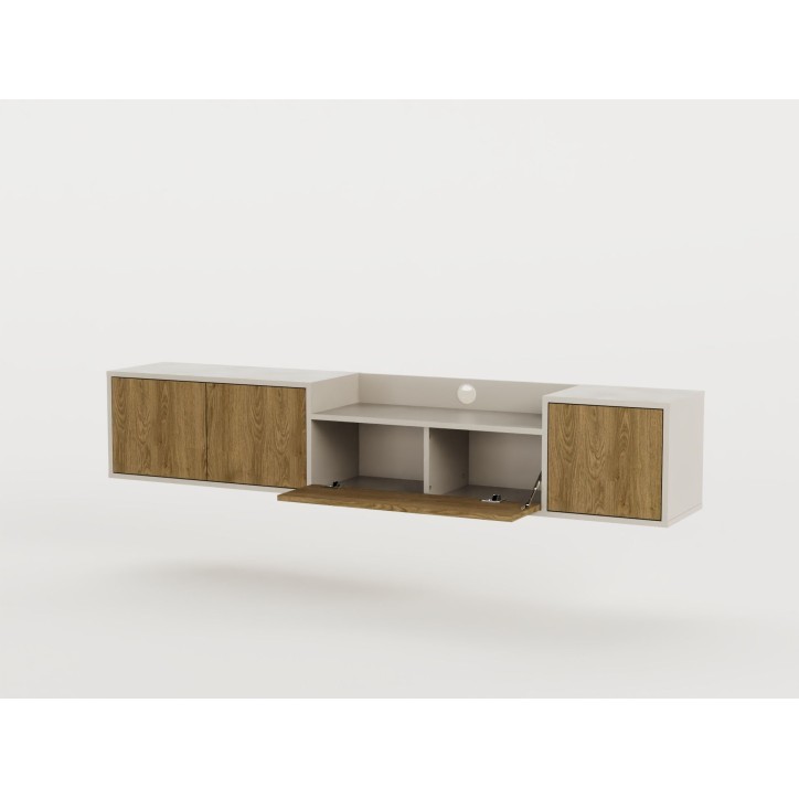 Meuble TV PINELLA – Creme & Chene Foncé – 3 portes battantes, 1 porte abattante – 200 x 35 x 37 cm Meuble TV PINELLA – Creme & Chene Foncé – 3 portes battantes, 1 porte abattante – 200 x 35 x 37 cm