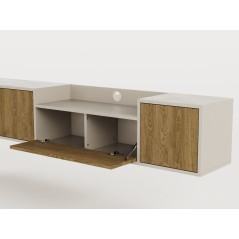Meuble TV PINELLA – Creme & Chene Foncé – 3 portes battantes, 1 p