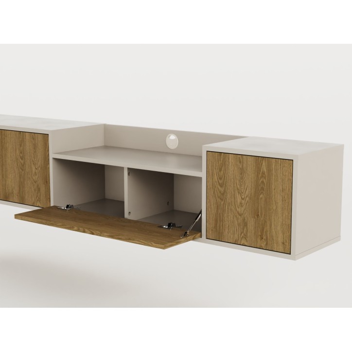 Meuble TV PINELLA – Creme & Chene Foncé – 3 portes battantes, 1 porte abattante – 200 x 35 x 37 cm Meuble TV PINELLA – Creme & Chene Foncé – 3 portes battantes, 1 porte abattante – 200 x 35 x 37 cm