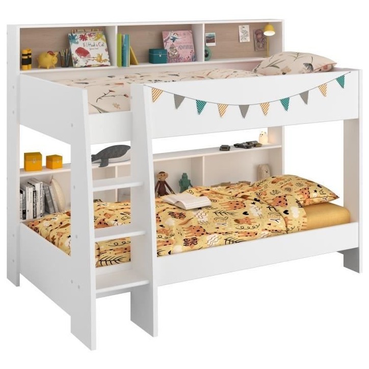 PARISOT Lits superposés enfant 2 x 90x200 cm - Décor Chene et Blanc Ombre - Sommiers inclus - JIM PARISOT Lits superposés enfant 2 x 90x200 cm - Décor Chene et Blanc Ombre - Sommiers inclus - JIM