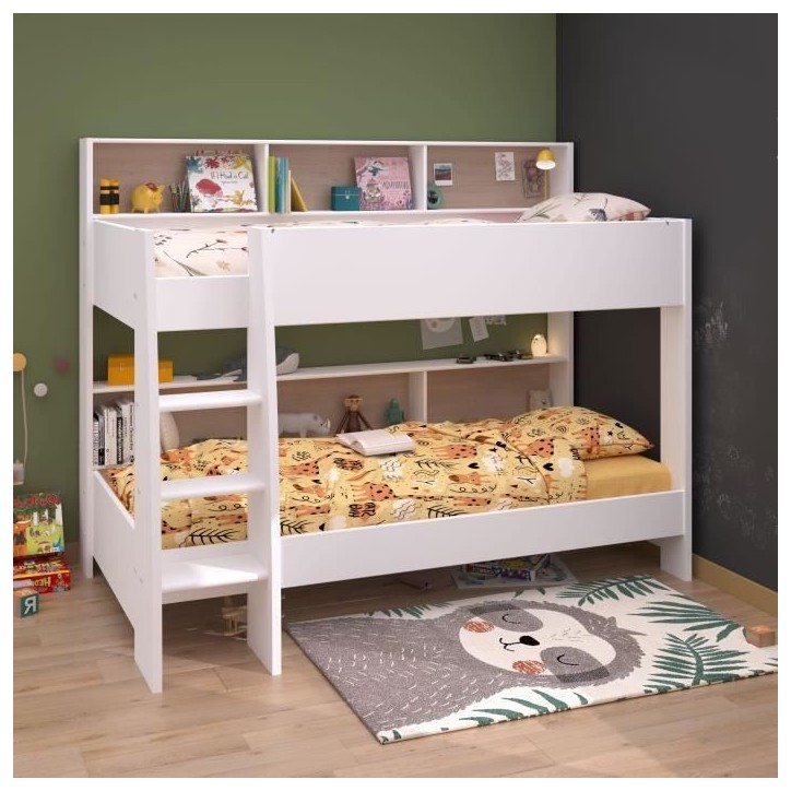 PARISOT Lits superposés enfant 2 x 90x200 cm - Décor Chene et Blanc Ombre - Sommiers inclus - JIM PARISOT Lits superposés enfant 2 x 90x200 cm - Décor Chene et Blanc Ombre - Sommiers inclus - JIM