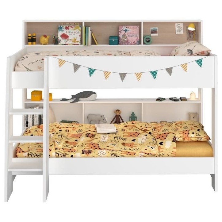 PARISOT Lits superposés enfant 2 x 90x200 cm - Décor Chene et Blanc Ombre - Sommiers inclus - JIM PARISOT Lits superposés enfant 2 x 90x200 cm - Décor Chene et Blanc Ombre - Sommiers inclus - JIM